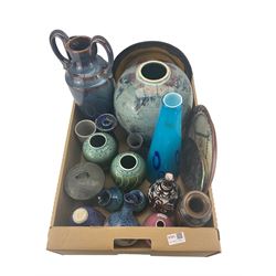 Collection of studio pottery and glassware in one box