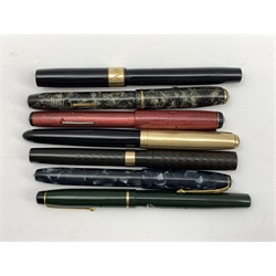 Two Conway Stewart fountain pens both with '14ct' gold nibs, Wyvern fountain pen, Waterman's fountain pen with 9ct gold collar to the body and three further fountain pens