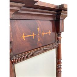 Small mahogany mirror, the projecting cornice over satinwood inlayed frieze and bevel edged mirror 