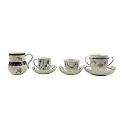 Chelsea Derby two handled cup and saucer decorated with trailing garlands and with entwined anchor and D mark circa 1775, a smaller Chelsea Derby cup and saucer with vertical bands of green flowers, Chelsea Derby tea bowl and saucer and  a Chelsea Derby jug H10cm (4)