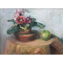 Margaret Chadwick (British 20th century): Still Life of Flower and Apple, oil on board signed 30cm x 40cm