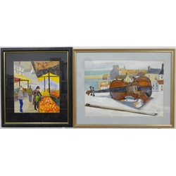 Anne Williams (British 20th century): 'Buying Oranges', collage and acrylic signed and titled with artist's York address verso, 'Mr Riley's Violin', gouache signed with initials, titled verso, and Still Lifes, pair unframed oils on canvas, max 35cm x 50cm (4) 
Provenance: direct from the artist's family. Anne was a local artist who lived at Malton and later York.