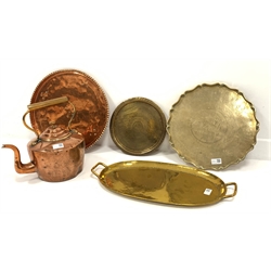 Victorian copper kettle, copper warming pan and tray, Chinese brass tray and two other items
