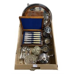 Cased set of Edwardian fish knives and forks with simulated ivory handles, loose cutlery, silver-plated salver, tea set, cruet etc in one box