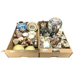 Royal Doulton Brambly Hedge Summer teacup, Winter teacup and saucer and other plates and saucers, large Chinese jar and cover, carved stone puzzle ball, porcelain figures etc in two boxes
