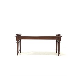 Victorian style mahogany window seat, moulded top with turned ends, raised on turned supports W108cm, H51cm, D32cm
