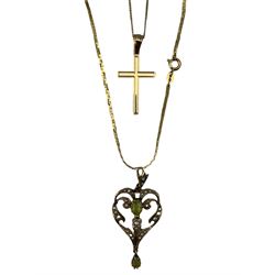 9ct gold cross pendant on chain and a peridot and seed pearl pendant, stamped 9ct, on a  later 9ct gold chain (2)