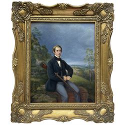 Anne MJ Dodsley (British exh.1872): Portrait of a Victorian Gentleman Seated Outside with Rifle, oil on board signed and dated 1864, 25cm x 20cm 
Notes: the artist exhibited a still life of fruit at the Dudley Gallery, London in 1872.