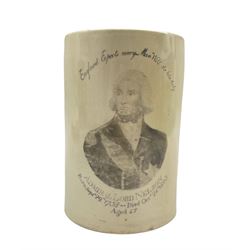 Early 19th century creamware mug printed in black with a bust portrait of Nelson with inscription H12cm