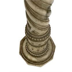 19th century white variegated marble torchere, the canted square top above a plain capital on a tapering spiral and beaded column and octagonal pedestal, H103cm