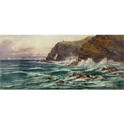 A D Young - Pair of watercolours of North East coastal landscapes, signed 16cm x 34cm, a pair of smaller watercolours by the same artist and two others (6)