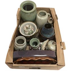 Studio pottery vases, preserve jars, dishes etc in one box