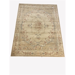  Aubusson style beige ground carpet with central medallion enclosed by trailing foliate, guarded border, 274cm x 360cm  
