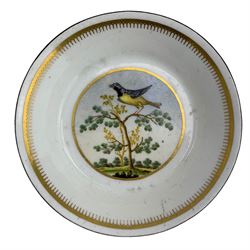 Four 19th century Ridgways dessert plates decorated in green and gilt from the Sotheby's Chatsworth sale 2010 together with a copy of the catalogue, 18th century Worcester pattern cup, Newhall tea bowl and saucer, a pair of Continental saucer dishes painted with birds and flowering branches and a lustre saucer