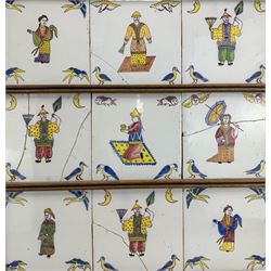 Set of nine 18th century English Delft tiles painted with Oriental figures with birds to the corners, each tile 15cm square, framed 50cm x 48 cm and  six Delft blue and white tiles, framed 50cm x 34cm