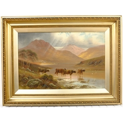G F Watson (British 19th century): Highland Cattle Watering, oil on canvas signed 39cm x 59cm