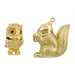 Two 9ct gold pendant/charms including squirrel eating a nut and owl, both hallmarked