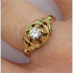 14ct gold single stone round brilliant cut diamond ring with pierced flower and leaf design setting, diamond weight approx 0.20 carat, boxed 