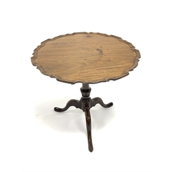 George III mahogany tripod table, circular moulded pie crust tilt top on turned column, three out splayed supports, D75cm, H71cm