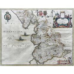 Johannes (Joan) Blaeu (Dutch 1596-1673): 'Lancastria Palatinatus Anglis Lancaster et Lancas Shire' (Lancashire), 17th century engraved map with hand-colouring pub. c1648, bookplate verso 40cm x 52cm