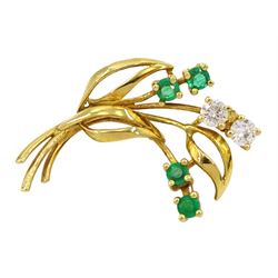 18ct gold round cut emerald and round brilliant cut diamond flower brooch, hallmarked, total diamond weight approx 0.25 carat, with original receipt
