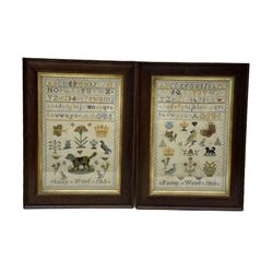 Pair of Victorian samplers worked by sisters Fanny Wood and Lucy Wood, both dated 1860, worked in colour thread with the alphabet, Butterflies, Crowns, Dog etc, both in oak frames with gilt slip, 40cm x 26cm (2)