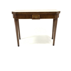 19th century mahogany fold over tea table, top with canted corners and boxwood inlaid edges, fleur de lis inlaid frieze, raised on square tapered supports, W92cm, D45cm, H75cm
