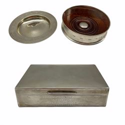 Silver presentation cigarette box dated 1966 by Mappin and Webb, modern silver coaster and a silver presentation dish D13cm
