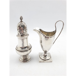 George III silver sugar caster London 1763 Maker I D and an early 19th Century cream jug on a square base 7.9oz
