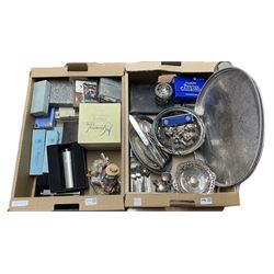 Silver-plate including a thistle shaped cruet, cutlery, bridge set, Waddingtons unused playing cards and miscellanea in two boxes
