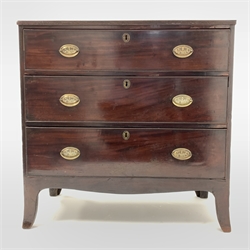 Regency mahogany chest fitted with three long graduated drawers, raised on splayed bracket supports, W91cm, H90cm, D45cm