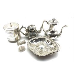 Late Victorian small silver dressing table box Chester 1897, glass jar with silver cover, plated biscuit barrel, fruit dish and two other plated items