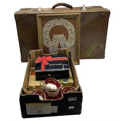 Foley tea set, vintage boxes, cased lace together with cardboard suitcase baring vintage stickers