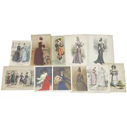 Collection 19th and early 20th century fashion engravings, some with hand colouring, to include plates from 'Myra's Journal', 'Sylvia's Home Journal', 'The Queen the Lady's Newspaper and court chronicle' and other Victorian and Edwardian plates (11)