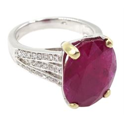 18ct white gold single stone oval ruby, with split diamond set shoulders, hallmarked, ruby approx 9.80 carat