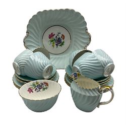 Aynsley tea set, in duck egg blue with roses, comprising 6 cups, saucers, cake plates, cream jug, sugar bowl and cake platter