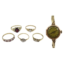 Gold diamond set ring,  and four gold stone set rings, all hallmarked 9ct and a 9ct rose gold wristwatch on plated strap
