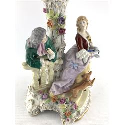 20th century German porcelain comport, the pierced and acanthus moulded bowl supported by a floral encrusted column with a couple and dog, on scroll base H44cm