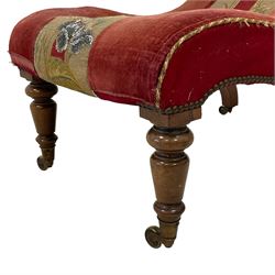 William IV rosewood framed drawing room chair, S-scroll form raised on turned front supports, upholstered in crimson fabric with needlework and beaded panel, castors stamped 'Lewty Patent'