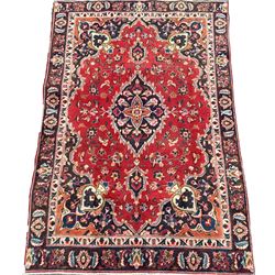 Vintage Persian red ground rug, triple medallion on red field with floral spandrels 271cm x 180cm