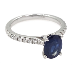 18ct white gold oval sapphire ring, with diamond set shoulders hallmarked, sapphire approx 1.35 carat