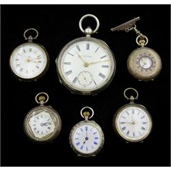 Early 20th century silver pocket watch by Waltham, No 15885159, Birmingham 1910, five silver fob watches all stamped