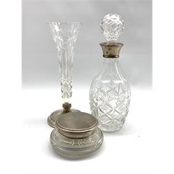 Cut glass decanter with silver collar Birmingham 1985, glass trumpet shape vase on a silver base H26cm and an etched glass powder bowl with silver cover 