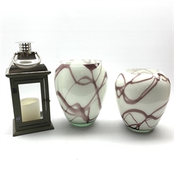  Pair of graduated contemporary glass vases and glazed lantern, H46cm (3)  
