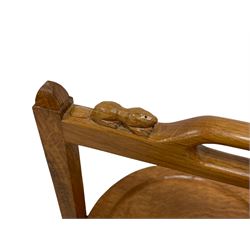 'Beaverman' oak three tier folding cake stand, the top rail carved with beaver signature and pierced with handle, by Colin Almack of Sutton-under-Whitestonecliffe