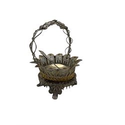 Greek 925 silver basket with filigree decoration , loop handle and shaped supports L15cm and matching knife 11.6oz
