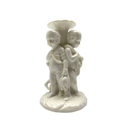 Victorian Minton white glazed comport base circa 1866, the stem modelled as three cherubs with a Hunting Dog, Grouse and Hare, H15cm
