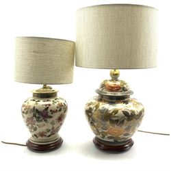 Two Oriental design pottery table lamps, each of baluster form with floral painted design, H58cm max overall 