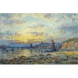 J Smith (Early 20th century): Estuary Scene with Shipping at Sunset, watercolour signed and dated 1921, 32cm x 48cm