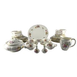 Royal Crown Derby 'Derby Posies' pattern dinner service comprising nine dinner plates, eight soup bowls and stands, nine dessert plates, nine side plates, vegetable dish and cover, oval meat plate, gravy jug and two condiments (48)